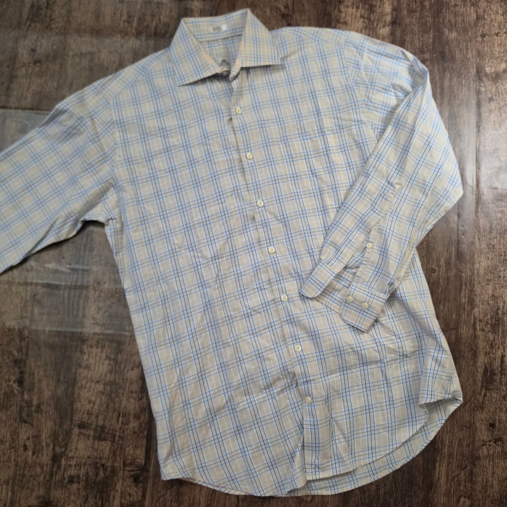 PETER‎ MILLAR Button Up Shirt Mens Medium Blue Tan Plaid Long Sleeve Cotton